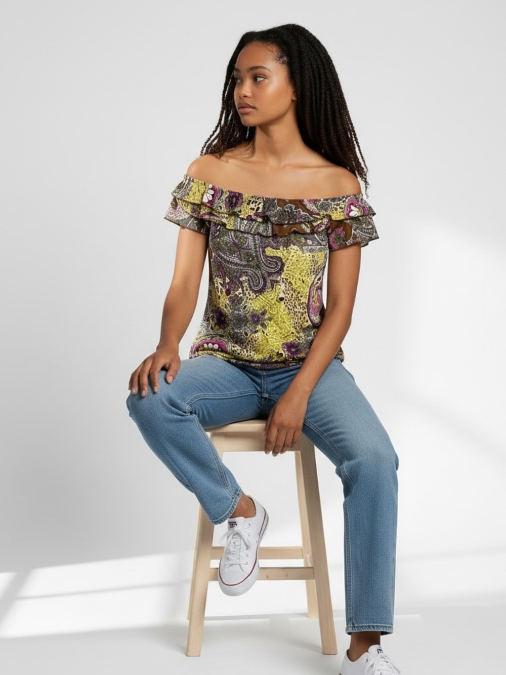 Essentials Off-Shoulder Ruffle Paisley Top in Yellow and Purple